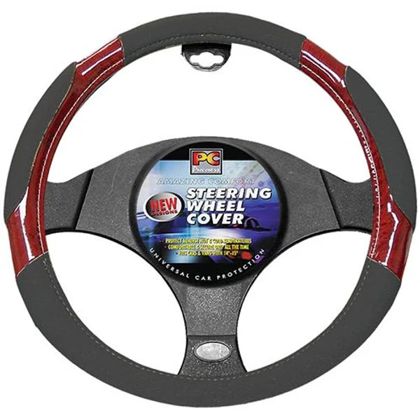 Steering Wheel Cover 38cm Perforated Soft Leather Feel With Dark Wood Grain Dark Grey - PC Procovers