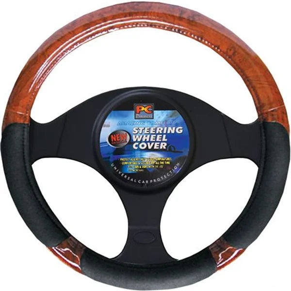 Steering Wheel Cover 38cm Soft Leather Feel Black Dark Wood Grain Inserts - PC Procovers