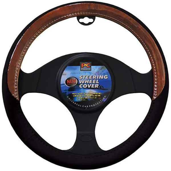 Steering Wheel Cover 38cm Soft Leather Feel With Dark Wood Grain Black - PC Procovers
