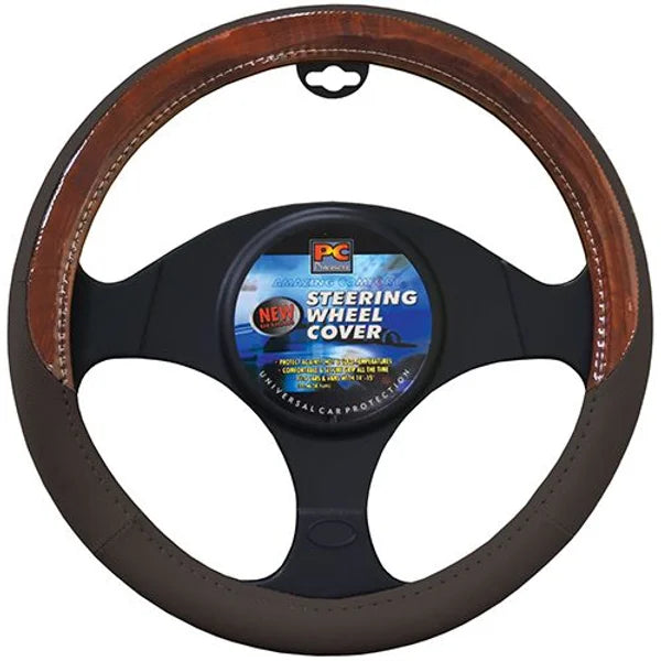 Steering Wheel Cover 38cm Soft Leather Feel With Dark Wood Grain Dark Grey - PC Procovers