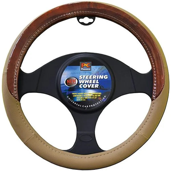 Steering Wheel Cover 38cm Soft Leather Feel With Dark Wood Grain Mocha - PC Procovers
