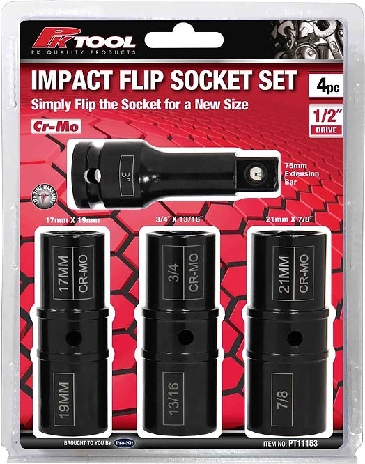 4 Piece 1/2” Impact Flip Socket Set - PKTool