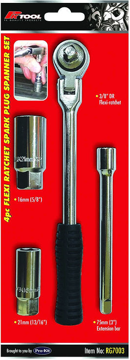4 Piece 3/8” DR Flexi-Ratchet Spark Plug Spanner Set - PKTool | Universal Auto Spares