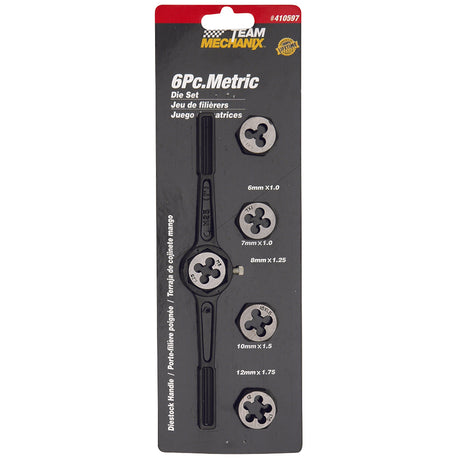 6 Piece Metric Die Set 6mm-12mm Diestock Handle - Team Mechanix | Universal Auto Spares
