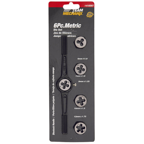 6 Piece Metric Die Set 6mm-12mm Diestock Handle - Team Mechanix