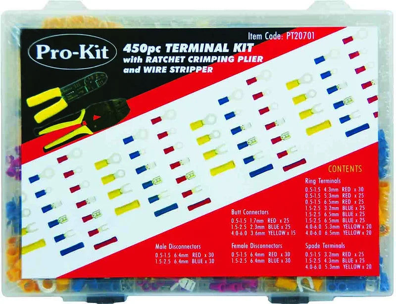 450 Pieces Mixed Terminals Kit With Ratchet Crimping Plier & Wire Stripper - ProKit