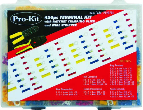 450 Pieces Mixed Terminals Kit With Ratchet Crimping Plier & Wire Stripper - ProKit