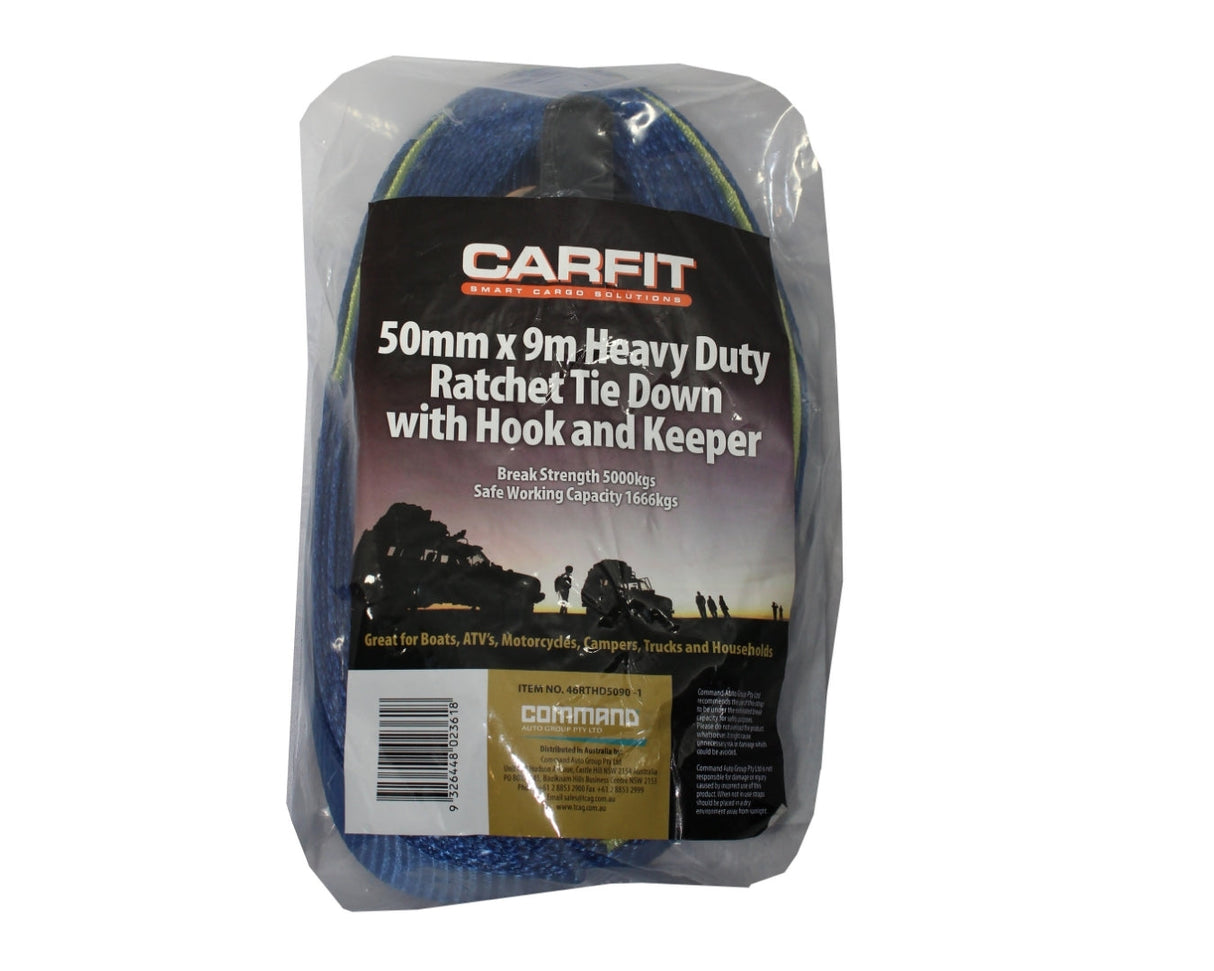 HEAVY DUTY RATCHET TIE DOWN - 50mm x 9m - WITH HOOK AND KEEPER - Carfit Cargo