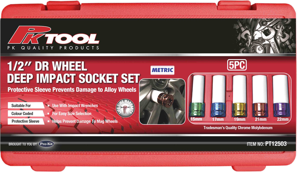 5 Piece 1/2” DR MAG Wheel CR-V Metric Deep Impact Socket Set - PKTool