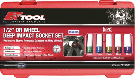 5 Piece 1/2” DR MAG Wheel CR-V Metric Deep Impact Socket Set - PKTool