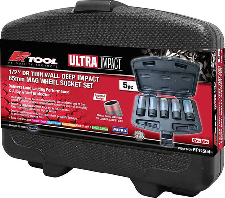 5 Piece 1/2” DR Thin Wall Deep Impact 85mm Mag Wheel Socket Set - PKTool
