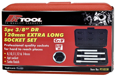 5 Piece 120mm 3/8” Drive 6PT CR-V Extra Long Socket Set - PKTool