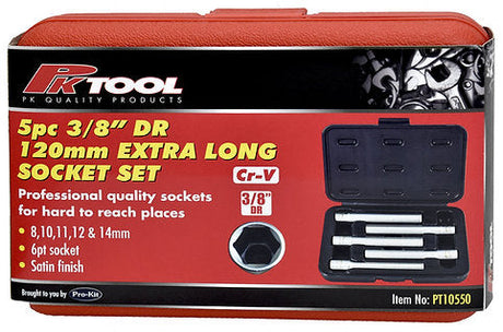 5 Piece 120mm 3/8” Drive 6PT CR-V Extra Long Socket Set - PKTool