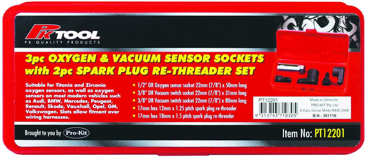 5 Piece Oxygen & Vacuum Sensor Sockets 2pc Spark Plug Re-Threader Set - PKTool