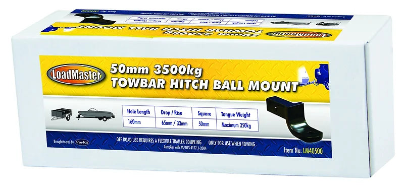 50mm Square Towbar Hitch Ball Mount - 3500kg 160mm Hole - LoadMaster