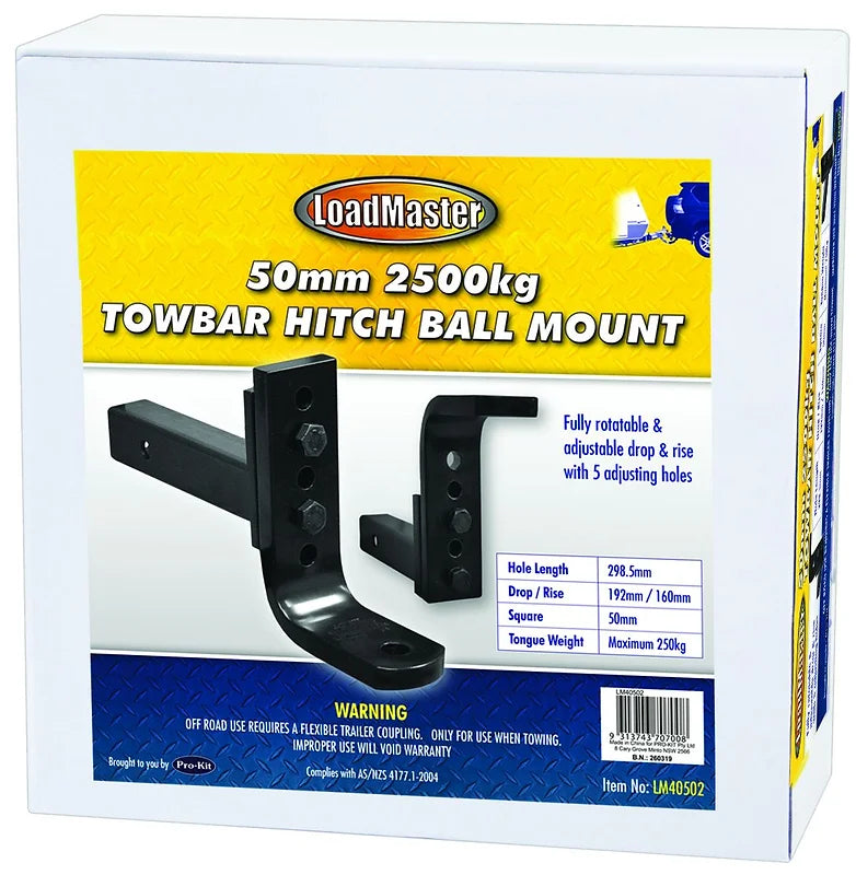 50mm Square Towbar Hitch Ball Mount- 3500kg 305.5mm Hole - LoadMaster