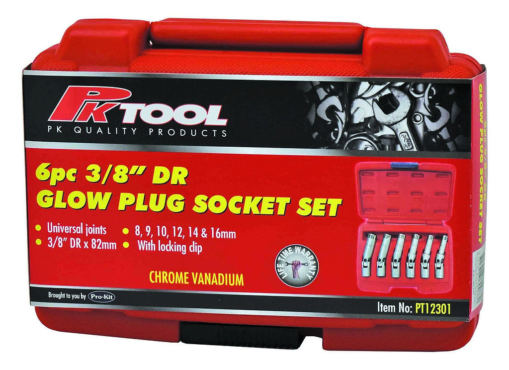 6 Piece 3/8” Drive CR-V Universal Joint Glow Plug Socket Set - PKTool