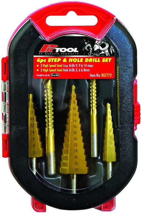 6 Piece Step & Hole Drill Set 3 Step Drills - PKTool | Universal Auto Spares
