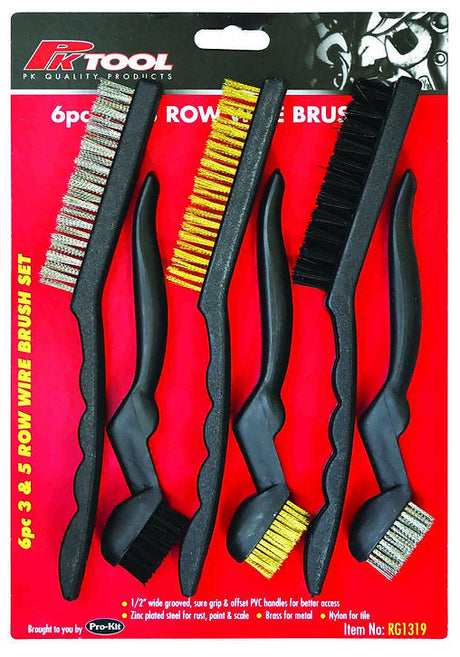 6 Piece Wire Brush Set 22cm & 17cm Steel, Nylon & Brass - PKTool | Universal Auto Spares