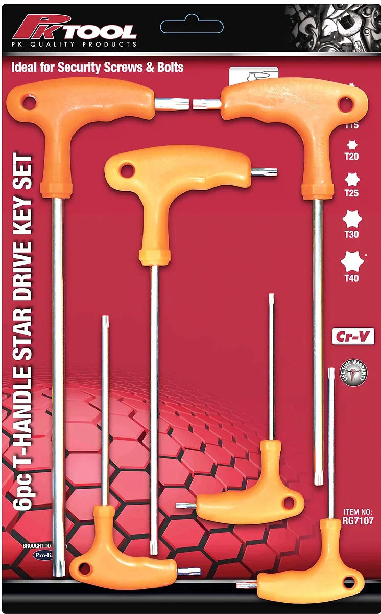 6 Pieces CR-V T-Handle Star Set T10, T15, T20 T25, T30 & T40 - PKTool