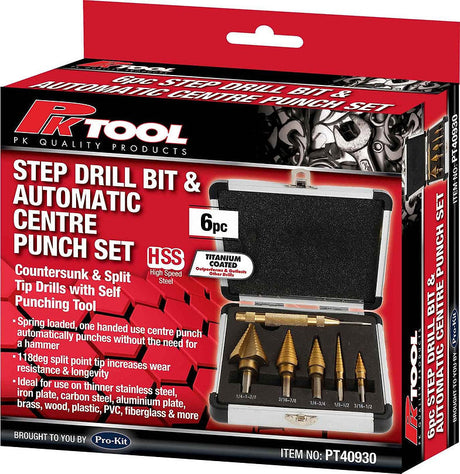 6 Pieces Step Drill Bit & Automatic Centre Punch Set - PKTool