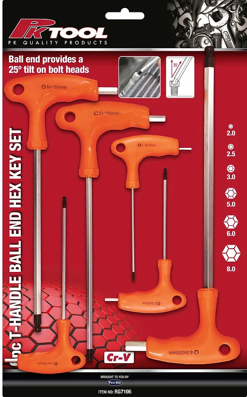 6 Pieces T-Handle Ball End Hex Key Set Ergonomically Designed - PKTool