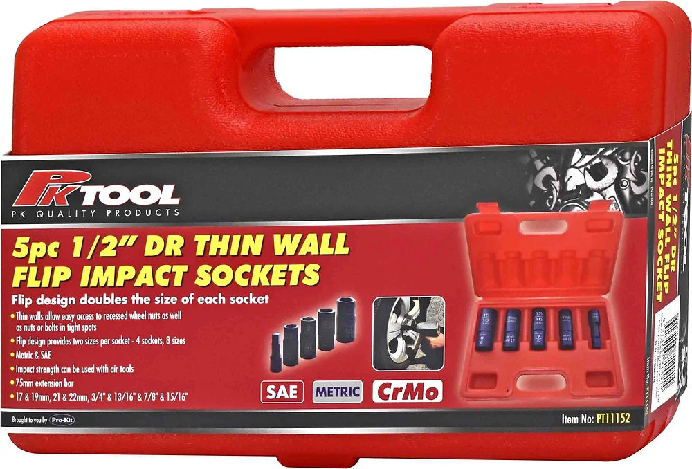 6PT CR-V Thin Walled Flip Impact Socket Set - PKTool