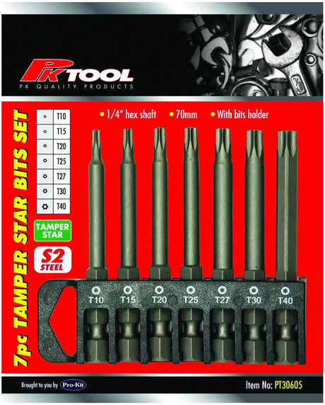 7 Piece 1/4” Hex 70mm Power Bit Tamper Star Bits Set - PKTool