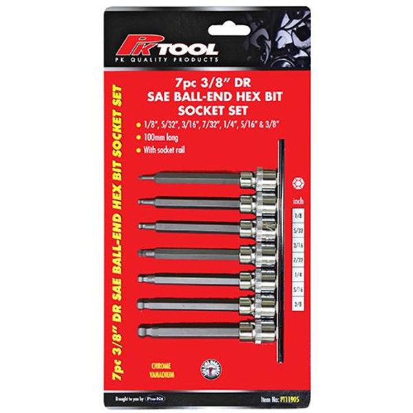 7 Piece 3/8” 100mm SAE Ball End Hex Bits Socket Set - PKTool