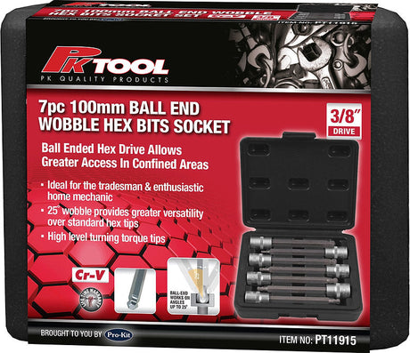 7 Piece 3/8” DR Ball End Wobble Hex Bits Socket Set - PKTool