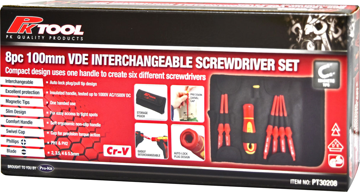 8 Piece 100mm VDE Interchangeable Insulated Screwdriver Set - PKTool | Universal Auto Spares