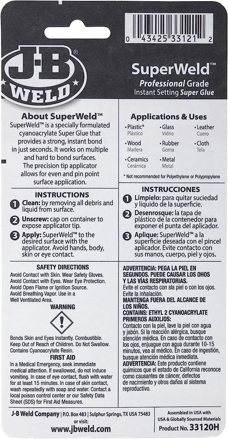 Super Weld Instant Adhesive Cyanoacrylate Super Glue 20g - J-B Weld