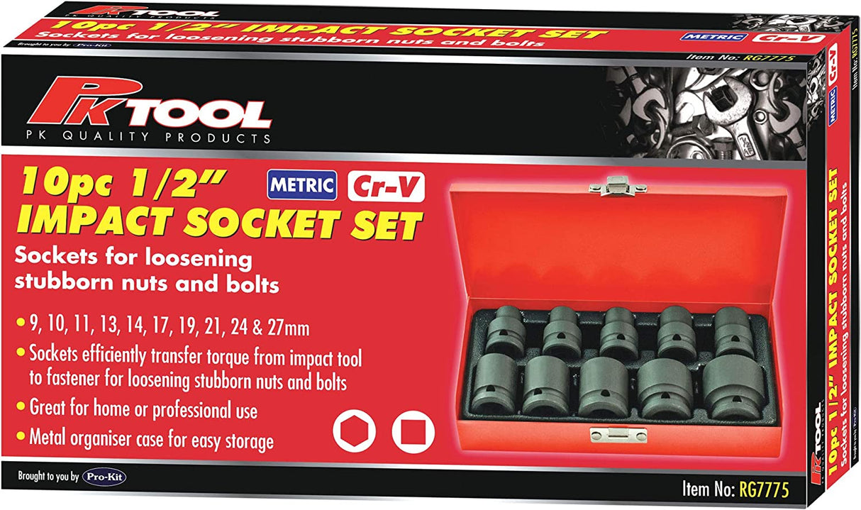 10 Piece 1/2” Drive 6pt Metric CR-V Low Profile Impact Socket Set - PKTool