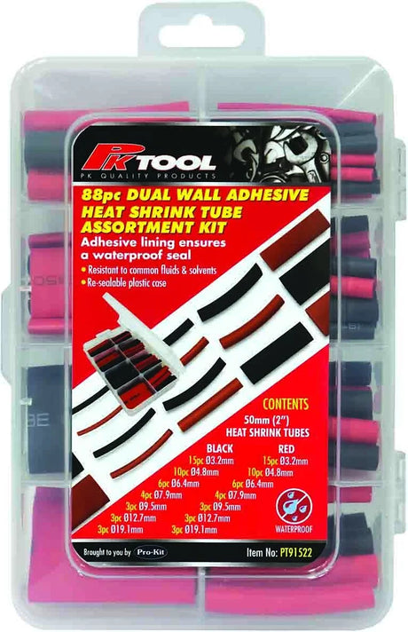 88 Piece Dual Wall Adhesive Lining Heat Shrink Tube Assortment Kit - PKTool