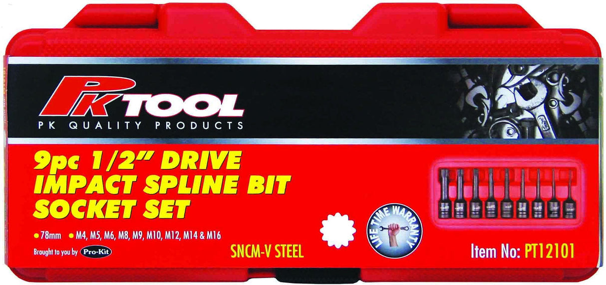 9 Piece 1/2” DR 78mm Impact Spline Bits Socket Set - PKTool