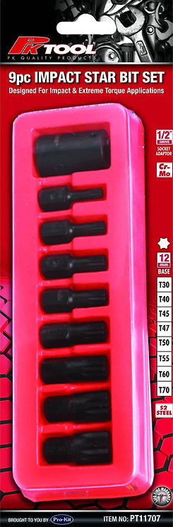 9 Piece 1/2˝ DR Impact Star Bit Set Slip-Resistant Manganese Phosphate - PKTool
