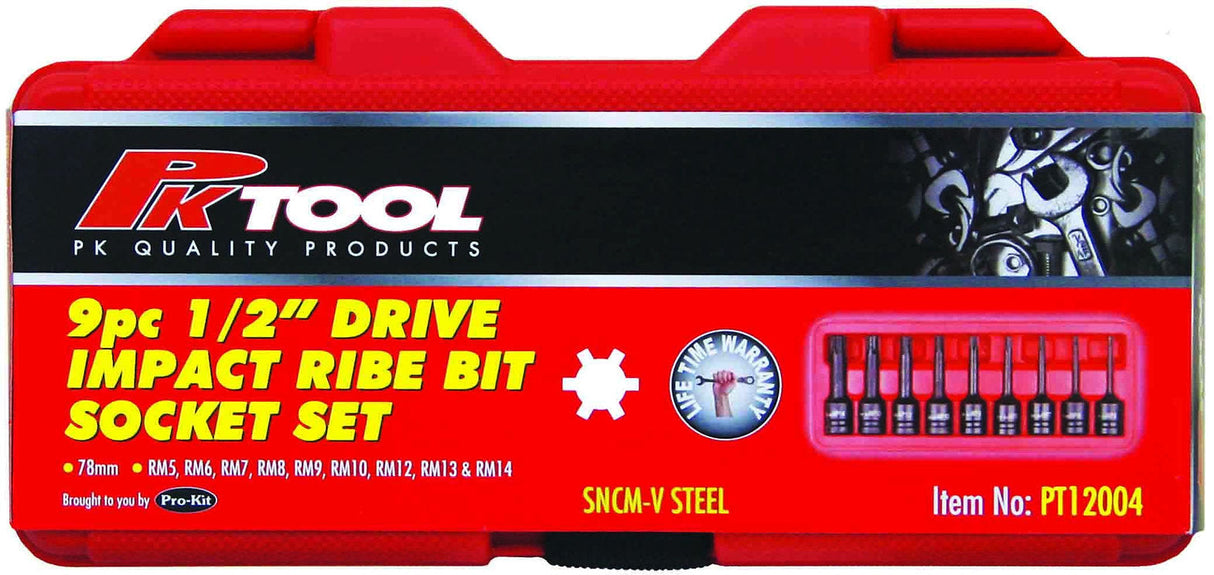 9 Piece 1/2” Dr 78mm Impact Ribe Bits Socket Set - PKTool