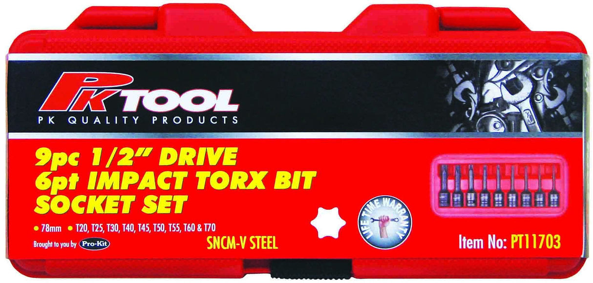 9 Piece 1/2” Drive SNCM-V Steel 78mm Impact Star Bits Socket Set - PKTool