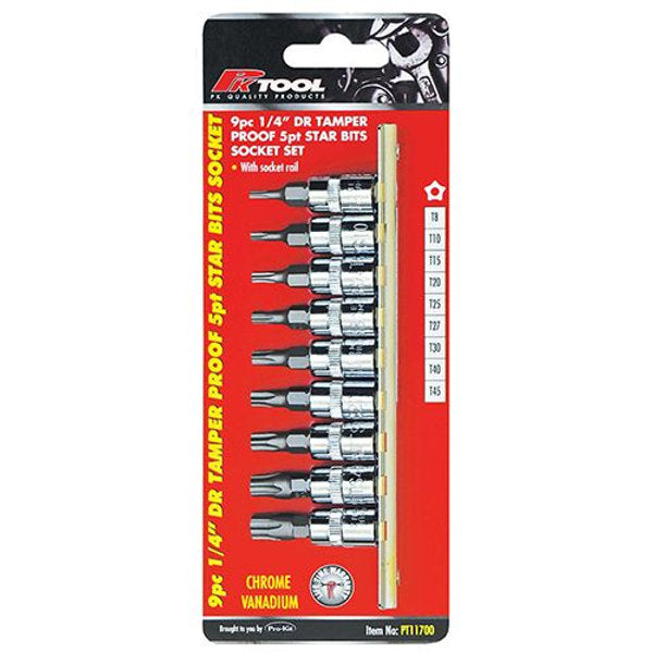9 Piece 1/4” DR 5PT Tamper Proof Star Bits Socket Set - PKTool