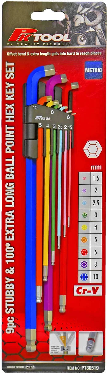 9 Pieces CR-V Stubby Head And 100° Extra Long Ball Point Hex Key Set - PKTool