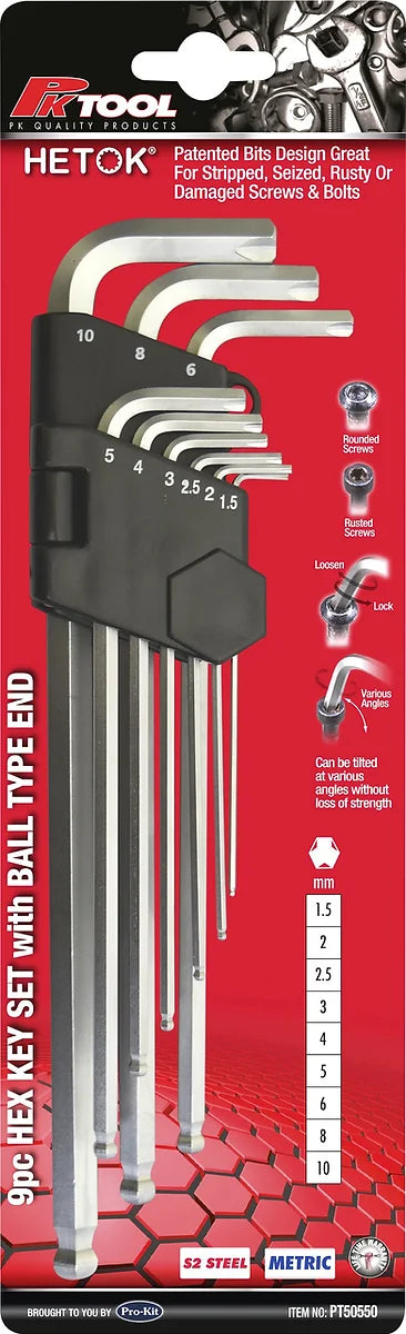 9 Pieces Hetok Hex Key Set With Ball Type End S2 Steel - PKTool
