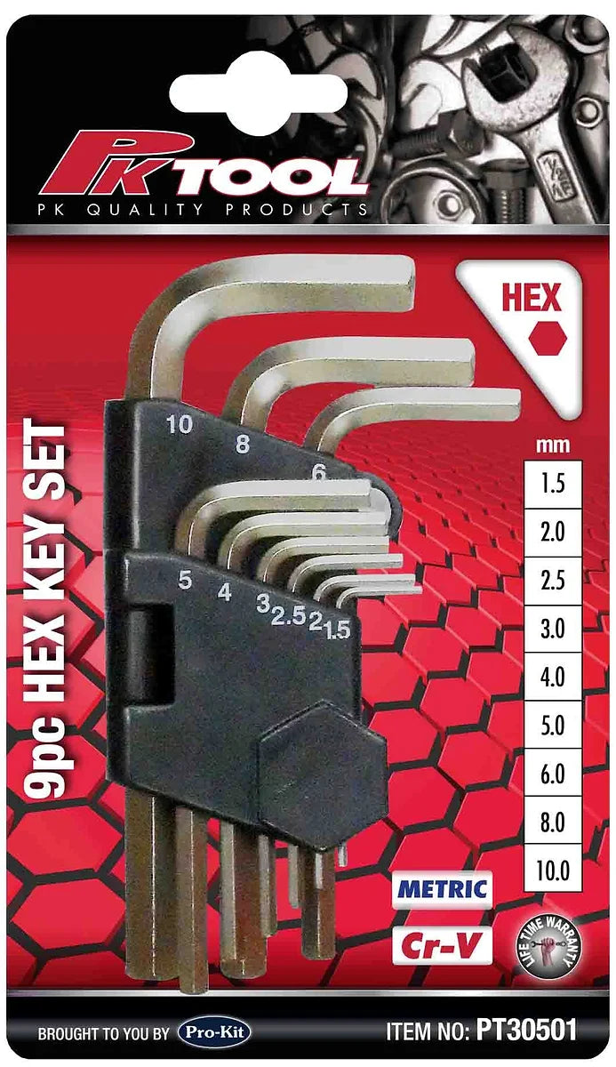 9 Pieces Metric CR-V 1.5, 2, 2.5, 3, 4, 5, 6, 8 & 10mm Hex Key Set - PKTool