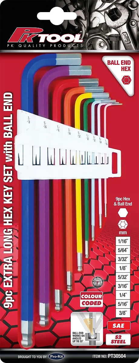 9 Pieces SAE Extra Long Ball End Hex Key Set Handy Storage Case - PKTool