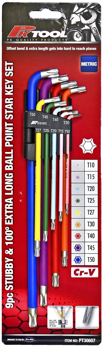 9 Pieces Stubby Head & 100° Extra Long Ball Point Star Key Set - PKTool