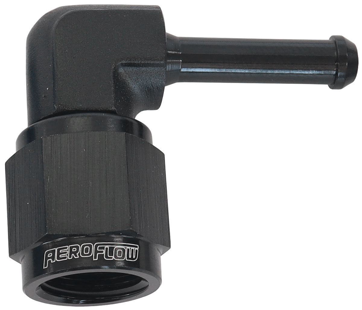 Female -4AN 90 Deg To 3/16" Barb Black With Tube Nut AF413-04BLK - Aeroflow
