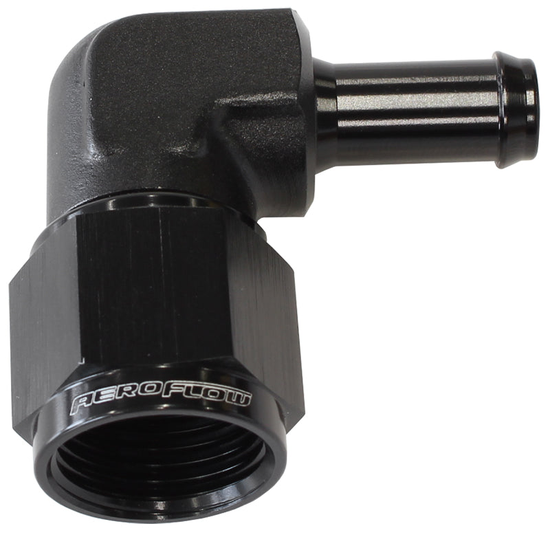 Female -8AN 90 Deg To 1/2" Barb Black Swivel Nut AF413-08BLK - Aeroflow