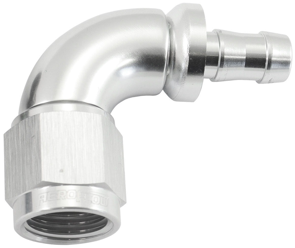 -6AN To 5/16" Barb 90 Deg Full Flow Push Lock Silver AF513-06-05S - Aeroflow