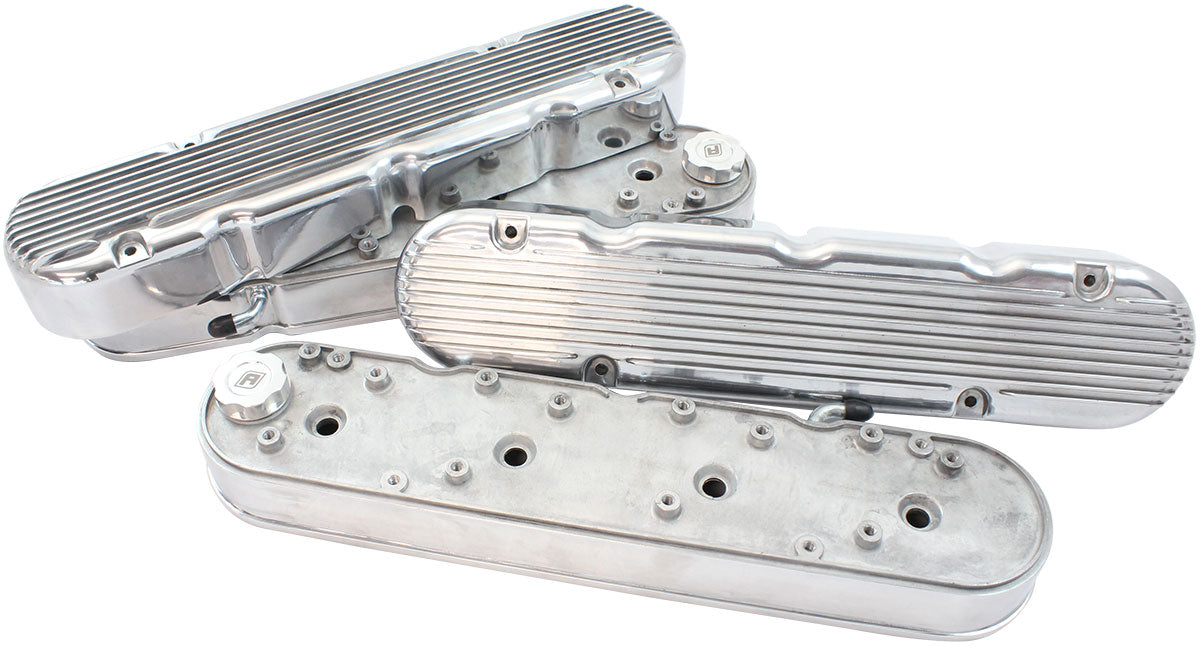 GM LS 2 Piece Valve Covers Cast Tall Retro Finned Polished AF77-5020P - Aeroflow