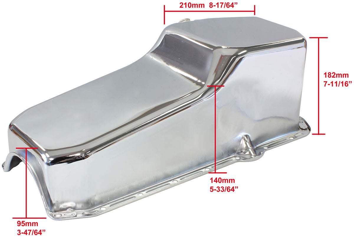 Steel Stock Oil Pan SBC Chrome Rh/Side Dipstick Rear Sump AF82-9092C - Aeroflow
