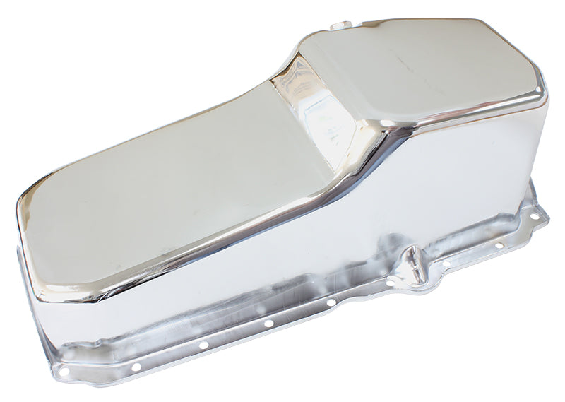 Stock Oil Pan SBC Late '86 On Rh/Side Dipstick Chrome AF82-9414C - Aeroflow